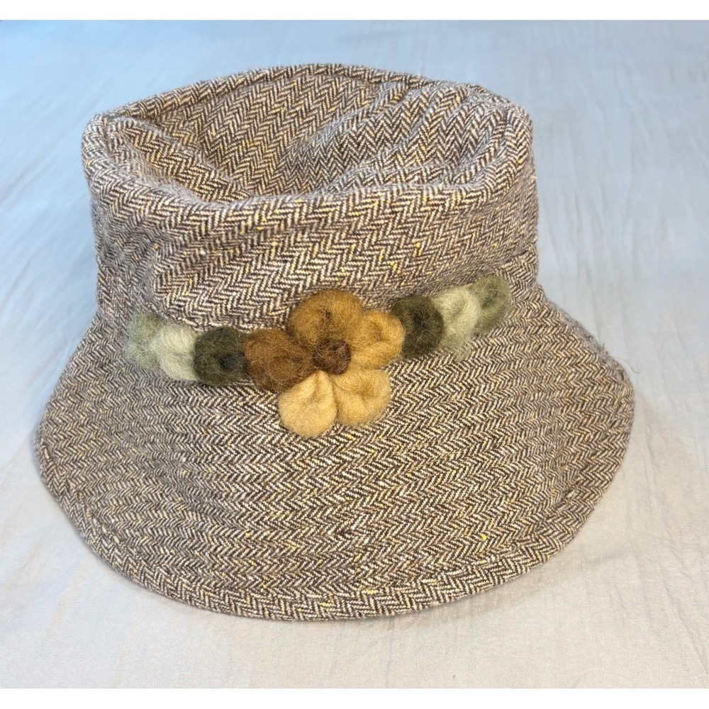 Vintage Grevi Firenze  Bucket Hat wool herringbone brown flower